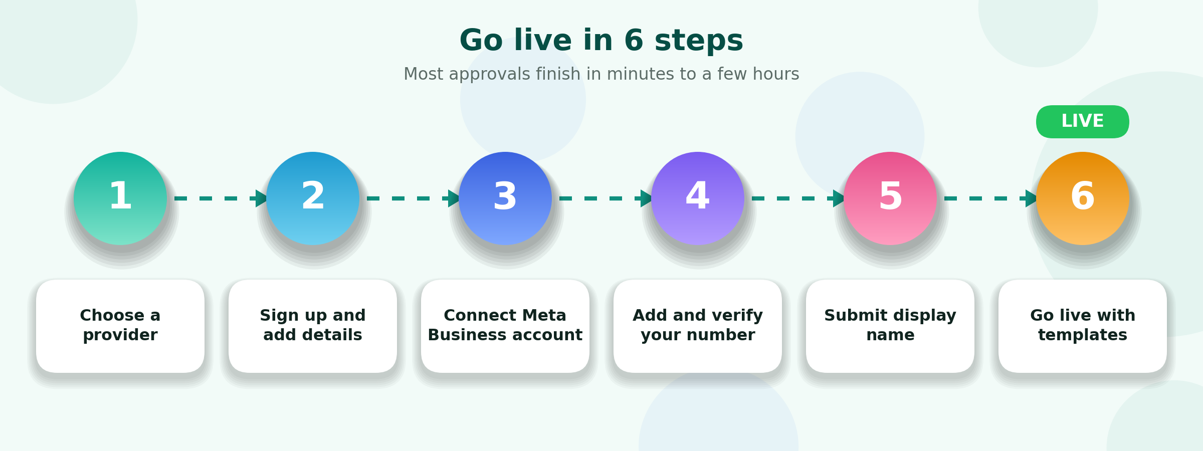 Go live in 6 steps: choose a provider, sign up, connect Meta Business account, add and verify your number, submit display name, go live with templates